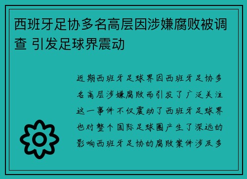 西班牙足协多名高层因涉嫌腐败被调查 引发足球界震动 西班牙足协多名高层因涉嫌腐败被调查 引发足球界震动