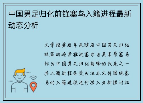 中国男足归化前锋塞鸟入籍进程最新动态分析